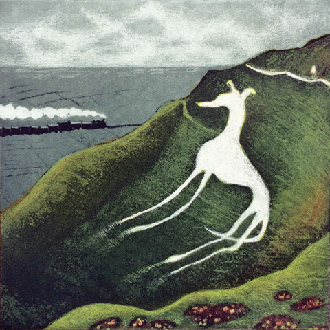 Eric Ravilious' Dog by Mychael Barratt, Fine Art Greeting Card, Etching, Chalk dog on cliff in the style of Ravilious