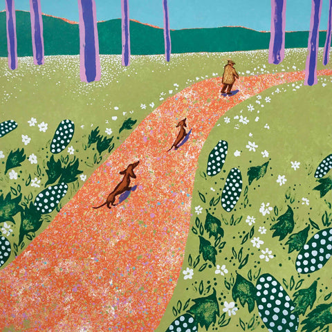 Fine Art Greeting Card by Mychael Barratt, Hockney's Dogs, Two dogs and man walking along path