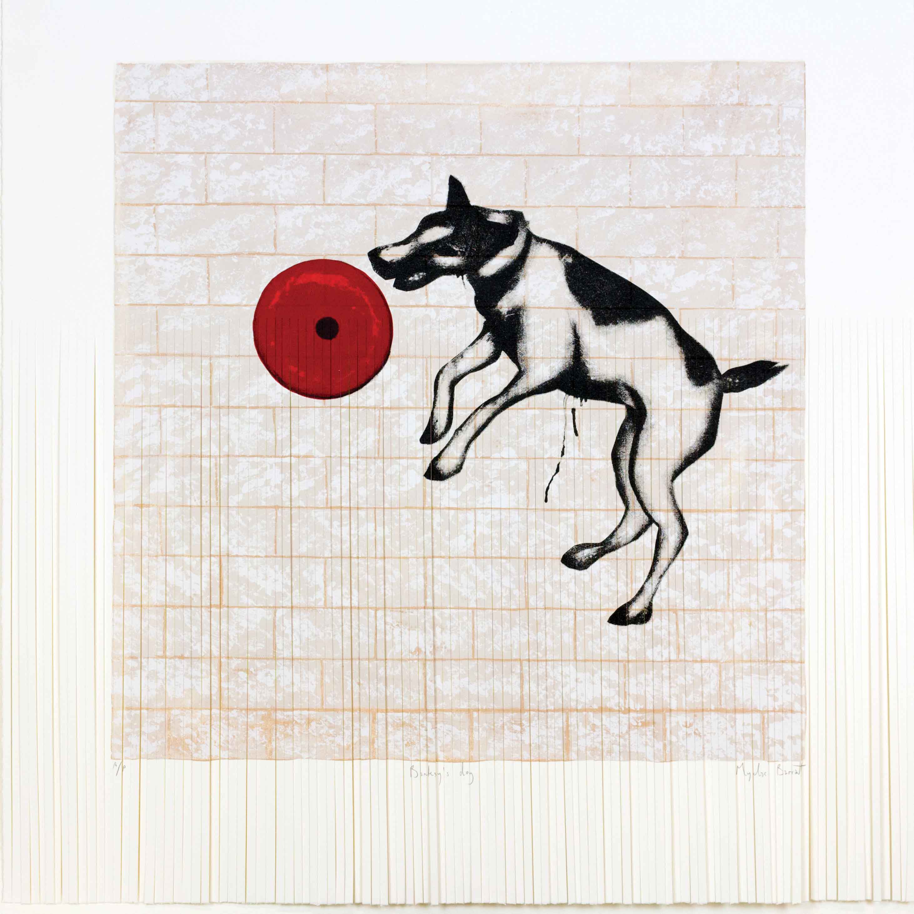Art greeting card by Mychael Barratt, Banksy style dog jumping for doughnut, shredded image