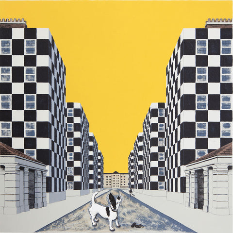 Small black and white dog standing in a street with black and white building and a yellow sky. In the style of Wes Anderson.