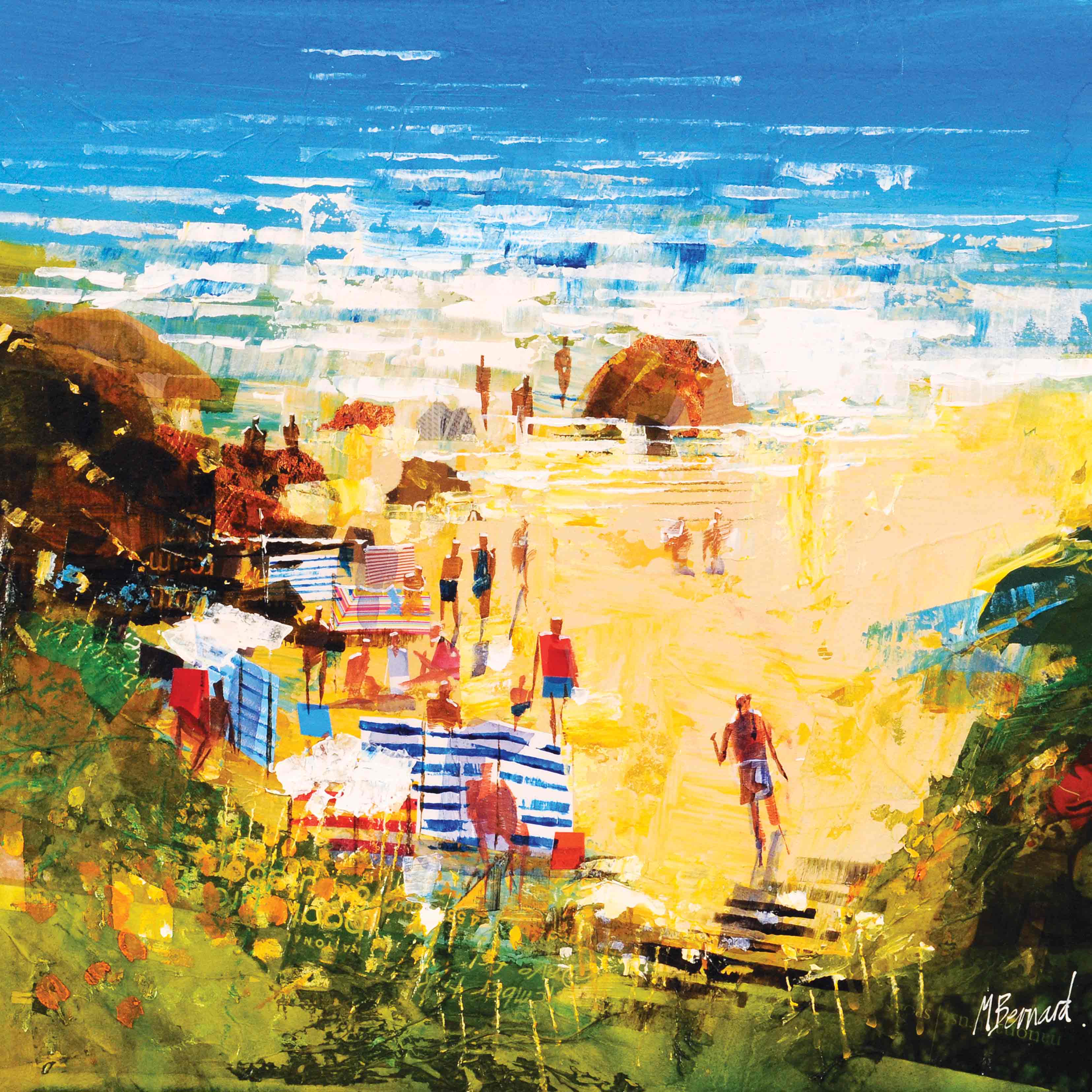 Art Greeting Card by Mike Bernard, Late Summer Swimmers, Watercolour, Swimmers on the beach