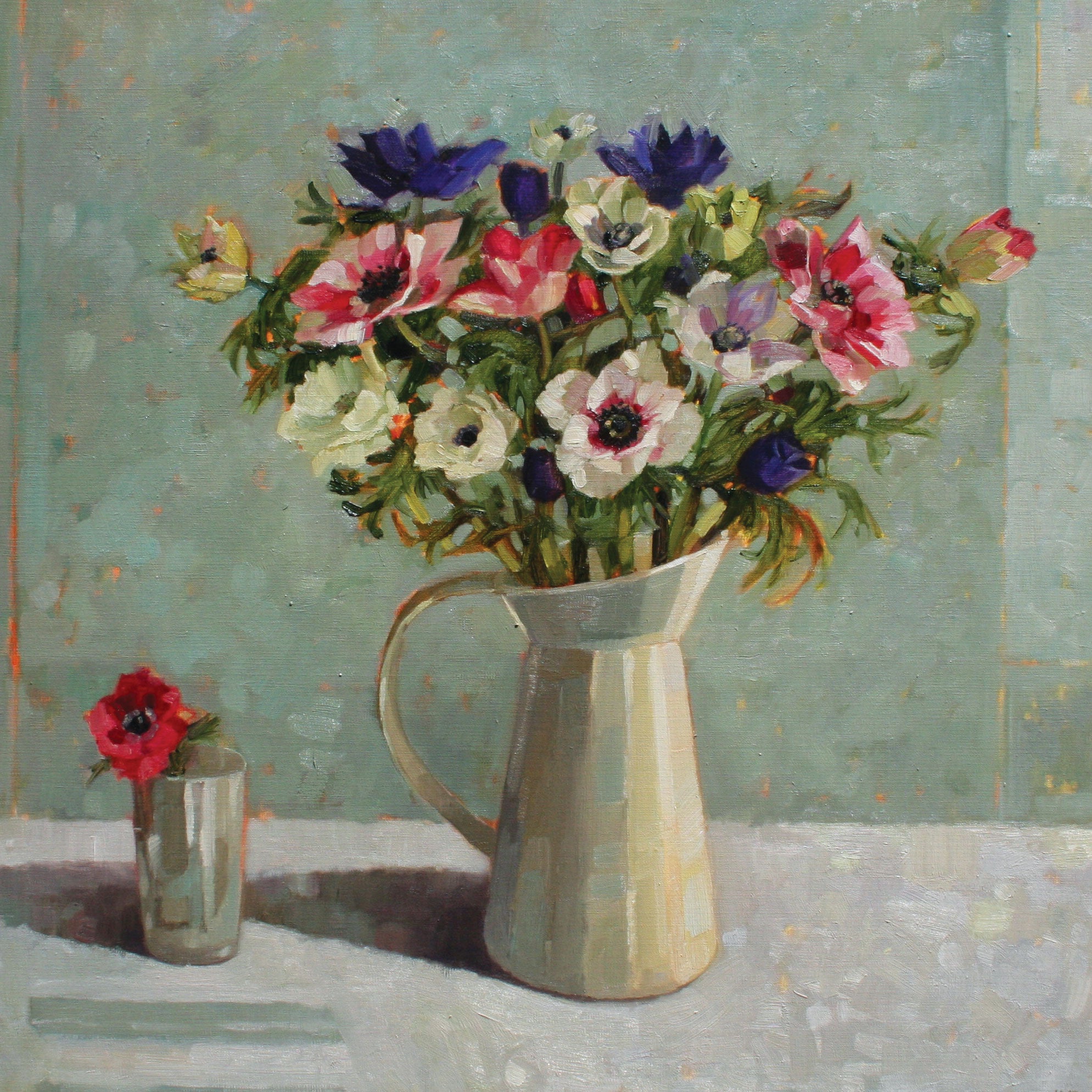 Anemones in a Cream Jug by Anne-Marie Butlin, Fine Art Greeting Card, Oil on Canvas, Anemones in cream jug