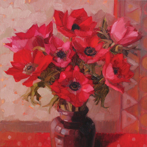 Red Anemones by Anne-Marie Butlin, Fine Art Greeting Card, Oil on Canvas, Red anemones in vase