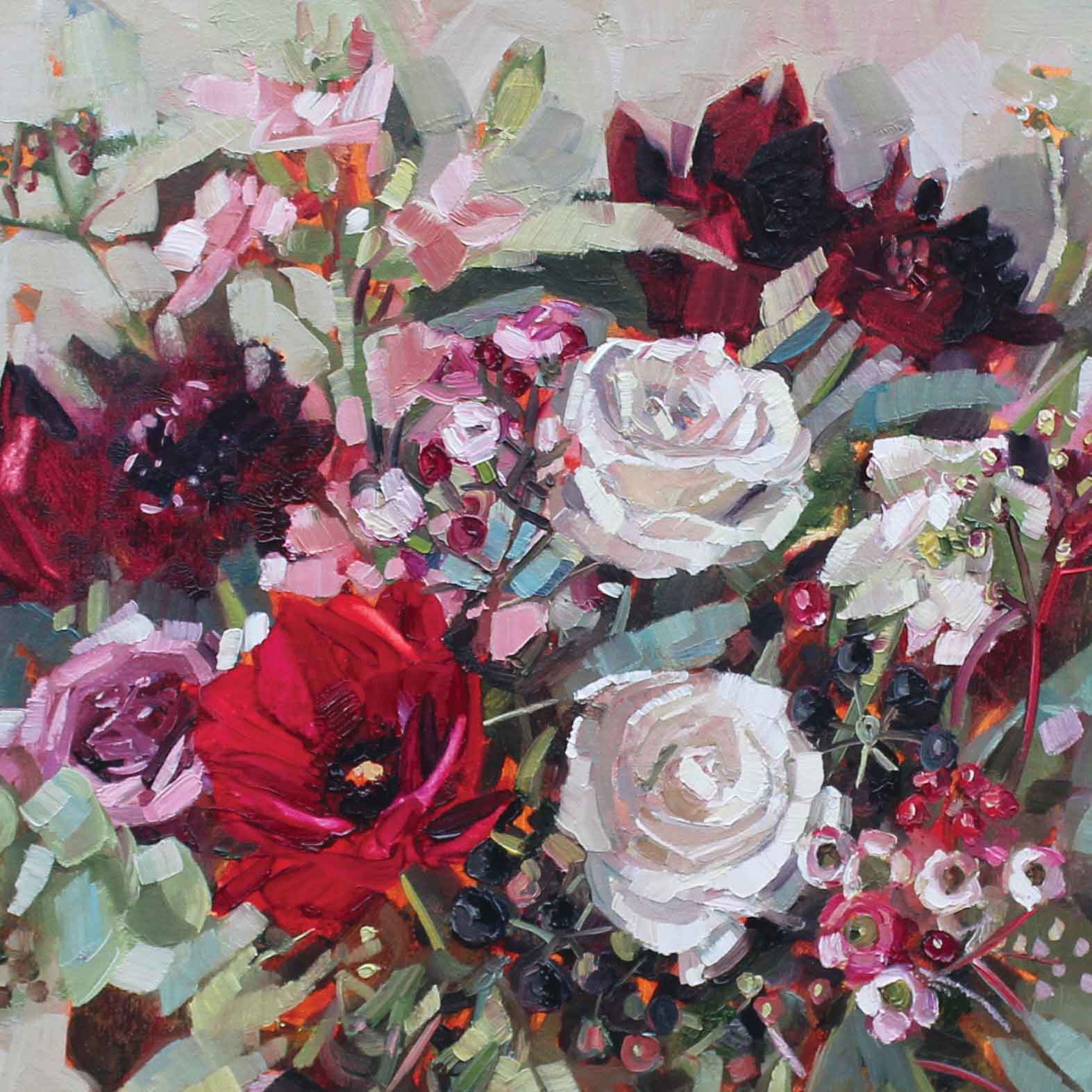 Late Summer Roses by Anne-Marie Butlin, Fine Art Greeting Card, Oil, Bouquet of roses