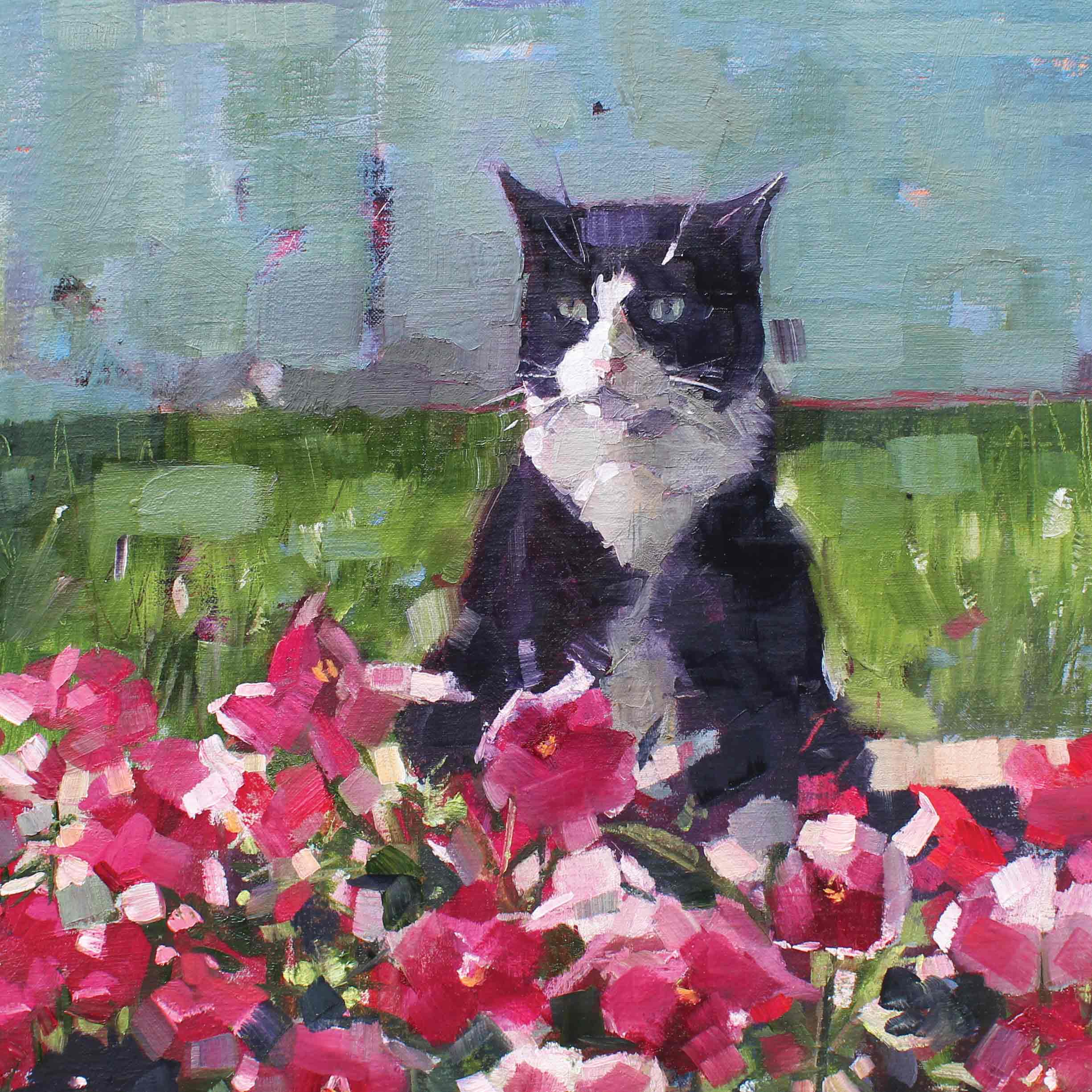Art Greeting Cards by Anne-Marie Butlin, Ringo and Pansies, Oil on canvas, Cat in the pansies