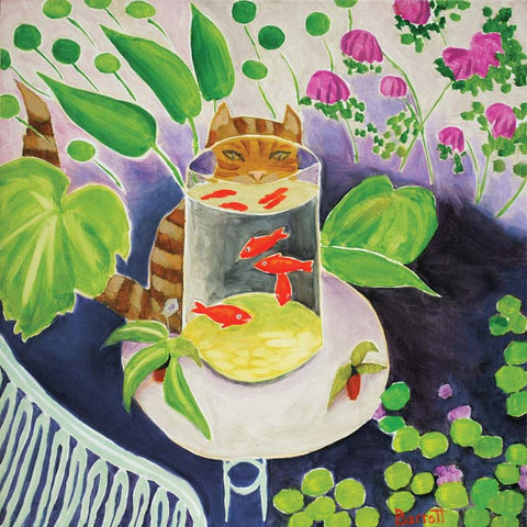 Art Greeting Card, Oil on Panel, Cat watching goldfish in bowl