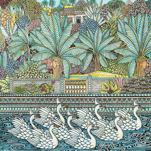 Art greeting card by Meg Dutton, Etching and watercolour, mosaic style lake with swans