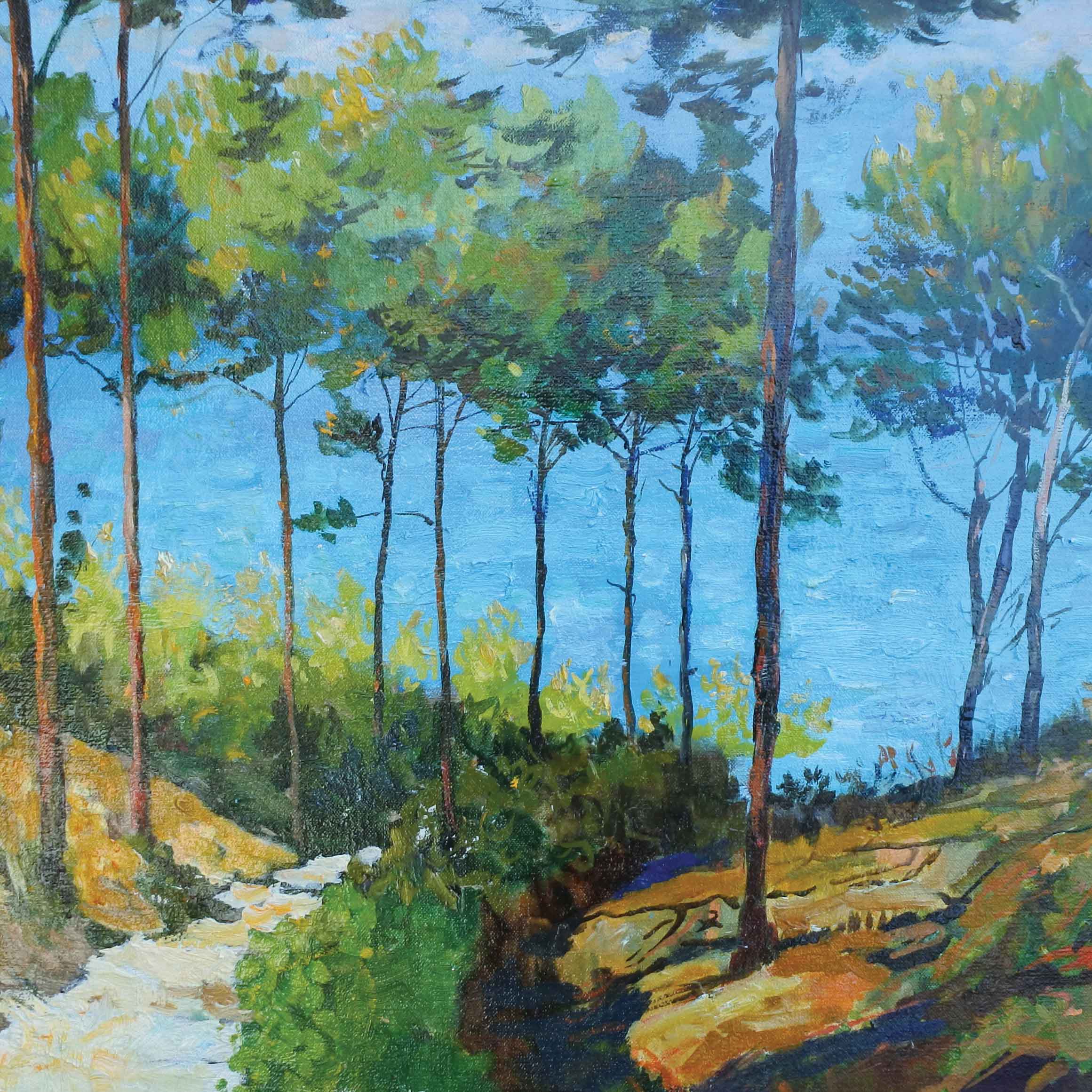 Steps to the Sea by Marcel Gatteaux, Fine Art Greeting Card, Oil, Trees and path down to the sea