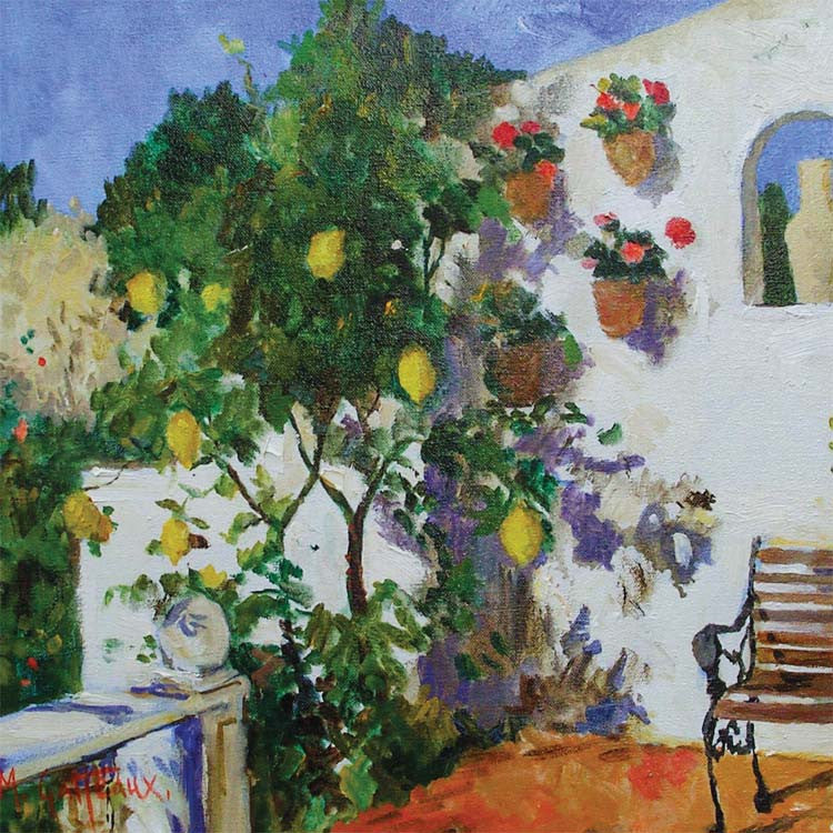 Fine Art Greeting Card, Oil on Canvas, A lemon tree by a white house