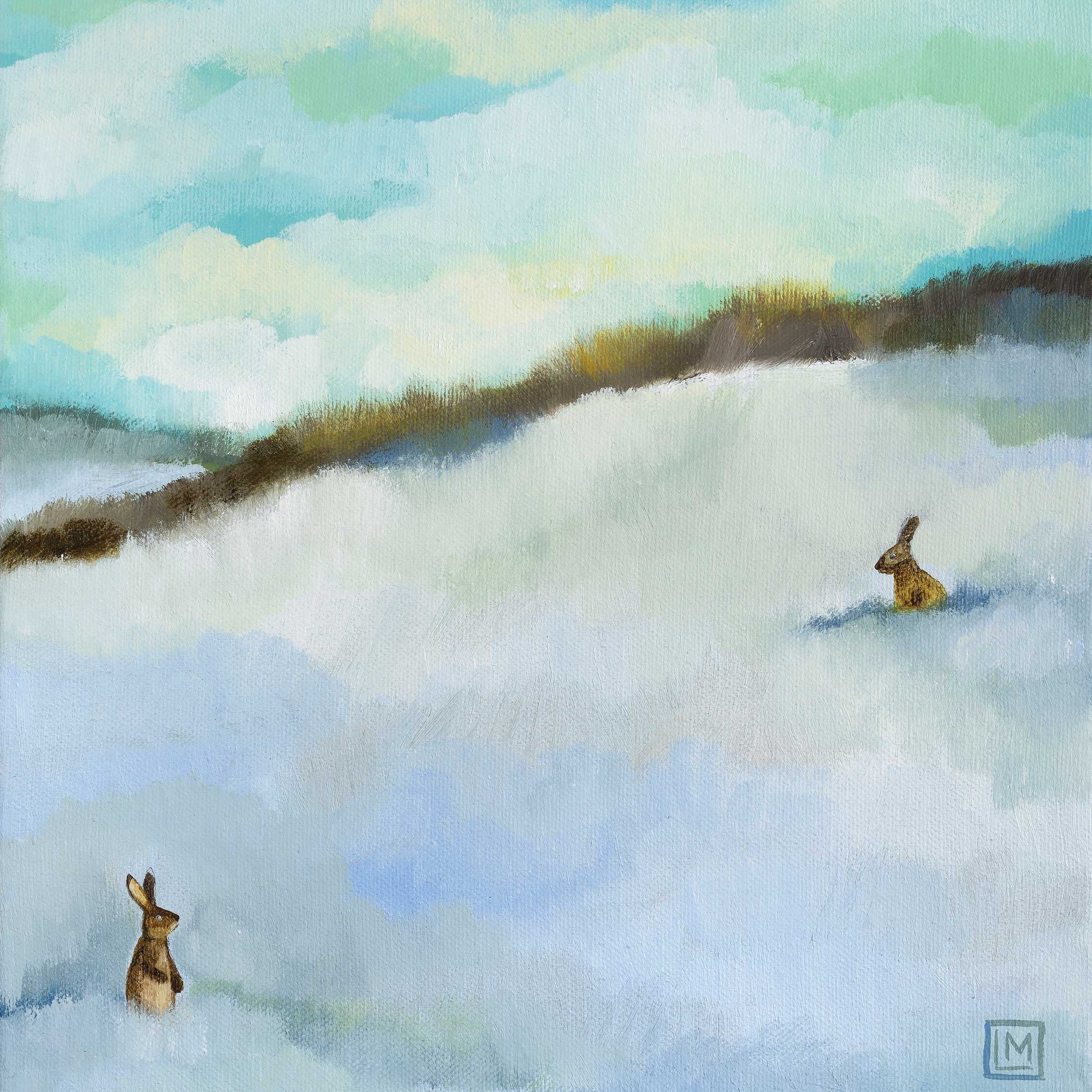 The Conversation by Melissa Launay, Fine Art Greeting card, Oil on Board, Two hares in snow