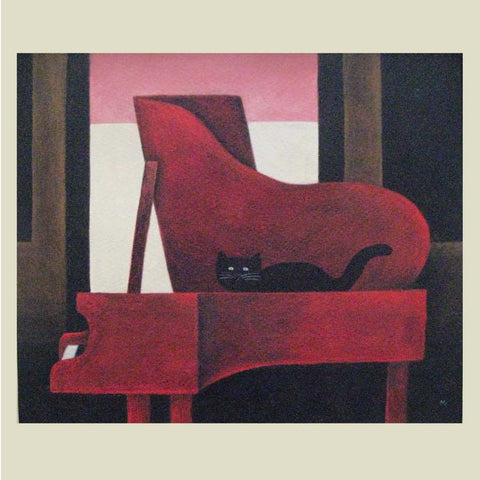 Fine Art Greeting Card, Black cat on grand piano