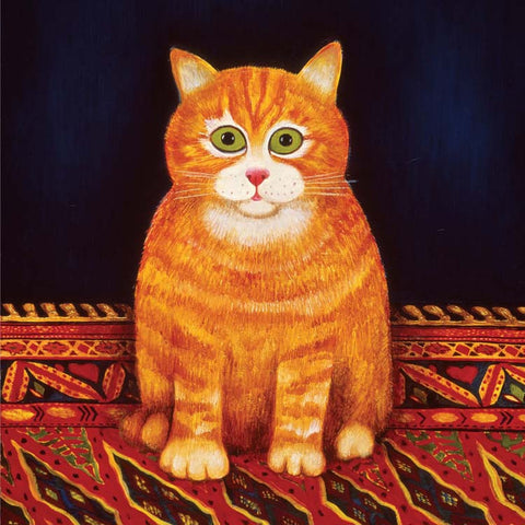 Fine Art Greeting Card, Oil on Board, Ginger cat on a mat