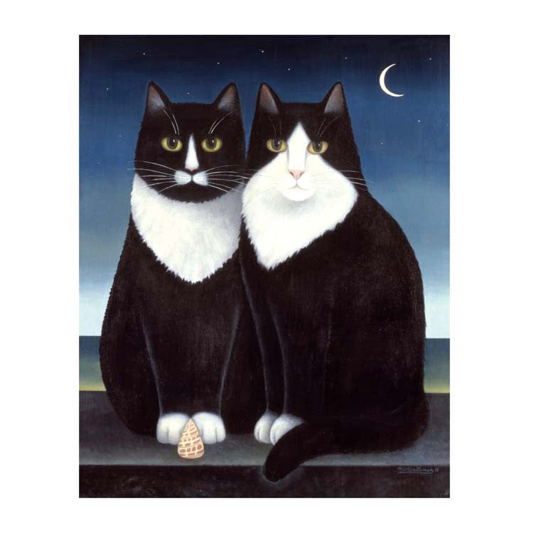 New Moon by Martin Leman, Fine Art Greeting Card, Oil on Board, Two black and white cats