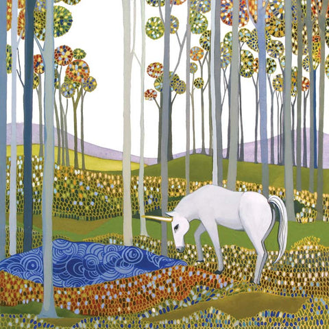 The Unicorn by Melissa Launay, Fine Art Greeting Card, Gouache on Paper, A unicorn drinking from a lake