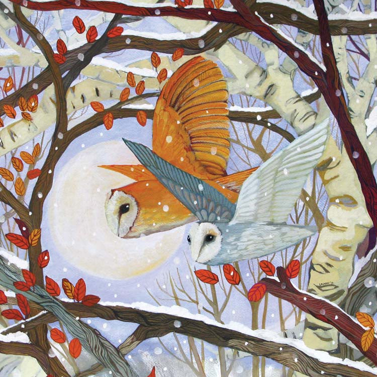 Just Like Owls by Melissa Launay, Fine Art Greeting Card, Gouache on Paper, Two owls flying through the woods with the moon in the background