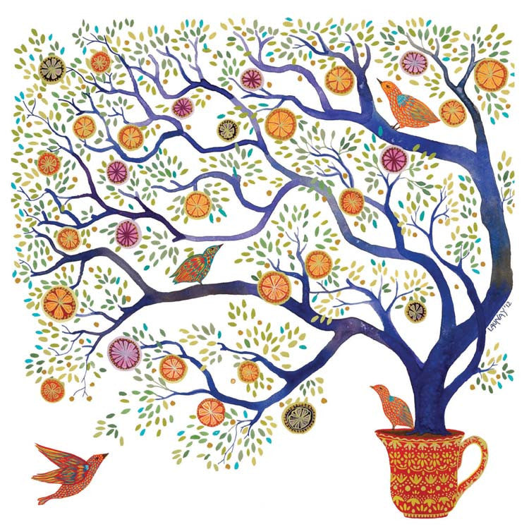 Sweet Pomegranate Tree by Melissa Launay, Fine Art Greeting Card, Gouache on Paper, Pomegranate tree in pot with birds