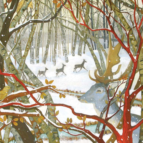 Three Deers and a Stag by Melissa Launay, Fine Art Greeting Card, Gouache on Paper, Winter landscape with three deers and a stag