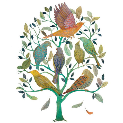 Tree of Feathers by Melissa Launay, Fine Art Greeting Card, Gouache on Paper, Birds in a tree
