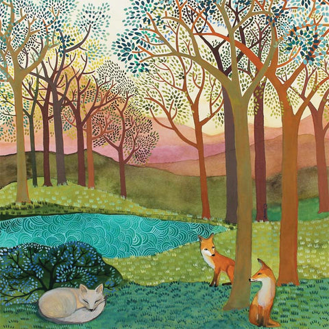La Volpe by Melissa Launay, Fine Art Greeting Card, Gouache on Paper, Spring landscape with two red foxes and a sleeping white fox
