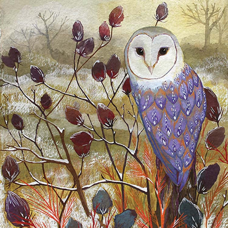Barn Owl by Melissa Launay, Fine Art Greeting Card, Gouache on Paper, Winter landscape with barn owl on a twig