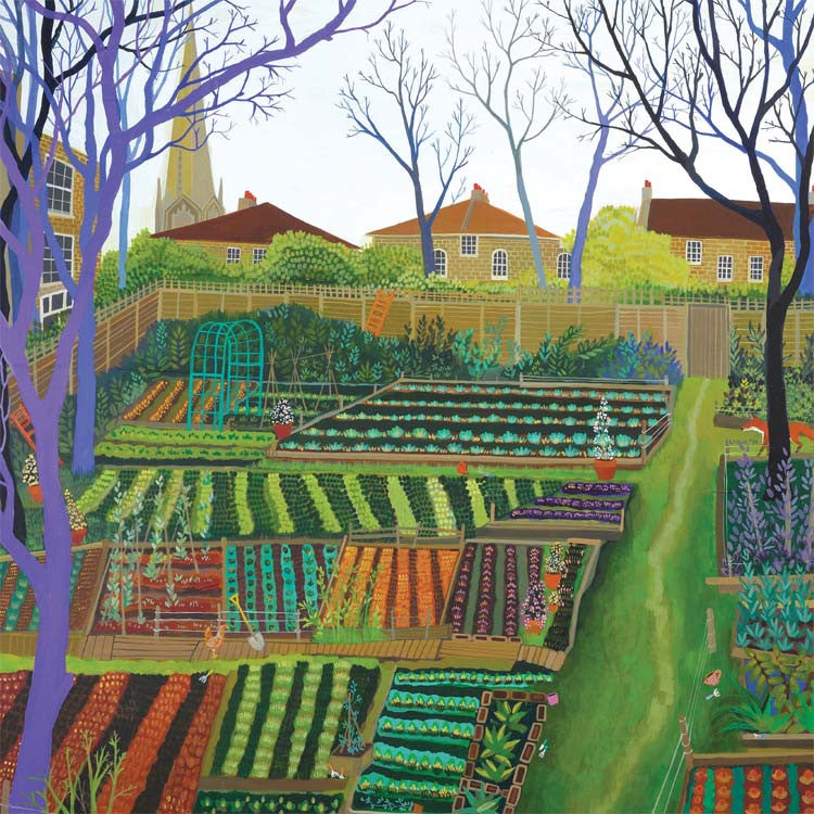 The Orange Ladder by Melissa Launay, Fine Art Greeting Card, Acrylic on Wood, Alotments with houses in the background