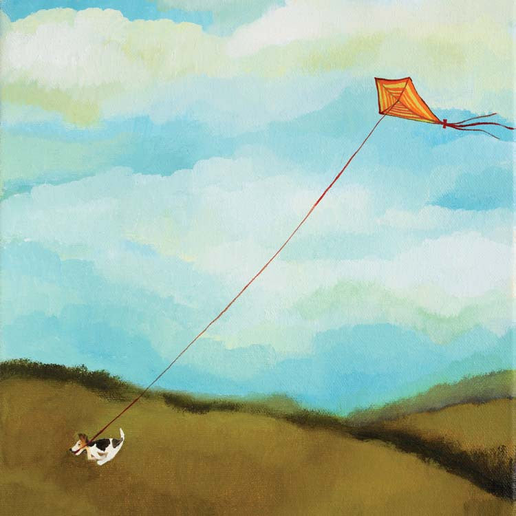 The Opportunist by Melissa Launay, Fine art greeting card, Oil on canvas, Dog running with kite