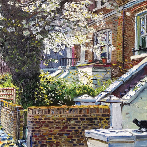 Art greeting card by Melissa Scott-Miller, oil painting, Blossom in front garden with cat