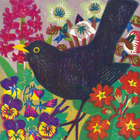 Spring Blackbird by Matt Underwood, Prize winner, Art Greeting Card, Blackbird and spring flowers