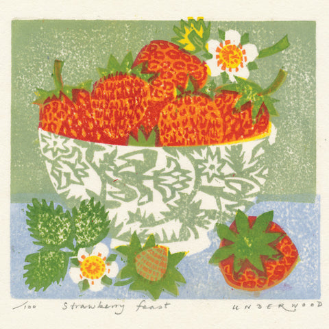 Strawberry Feast by Matt Underwood, Art Greeting Card, Woodblock Print, Bowl of strawberries