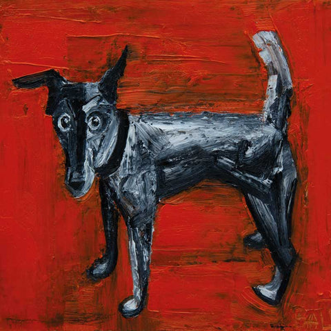 Art Greeting Card by Martyn Baldwin, Oil painting of black and white dog against orange red background