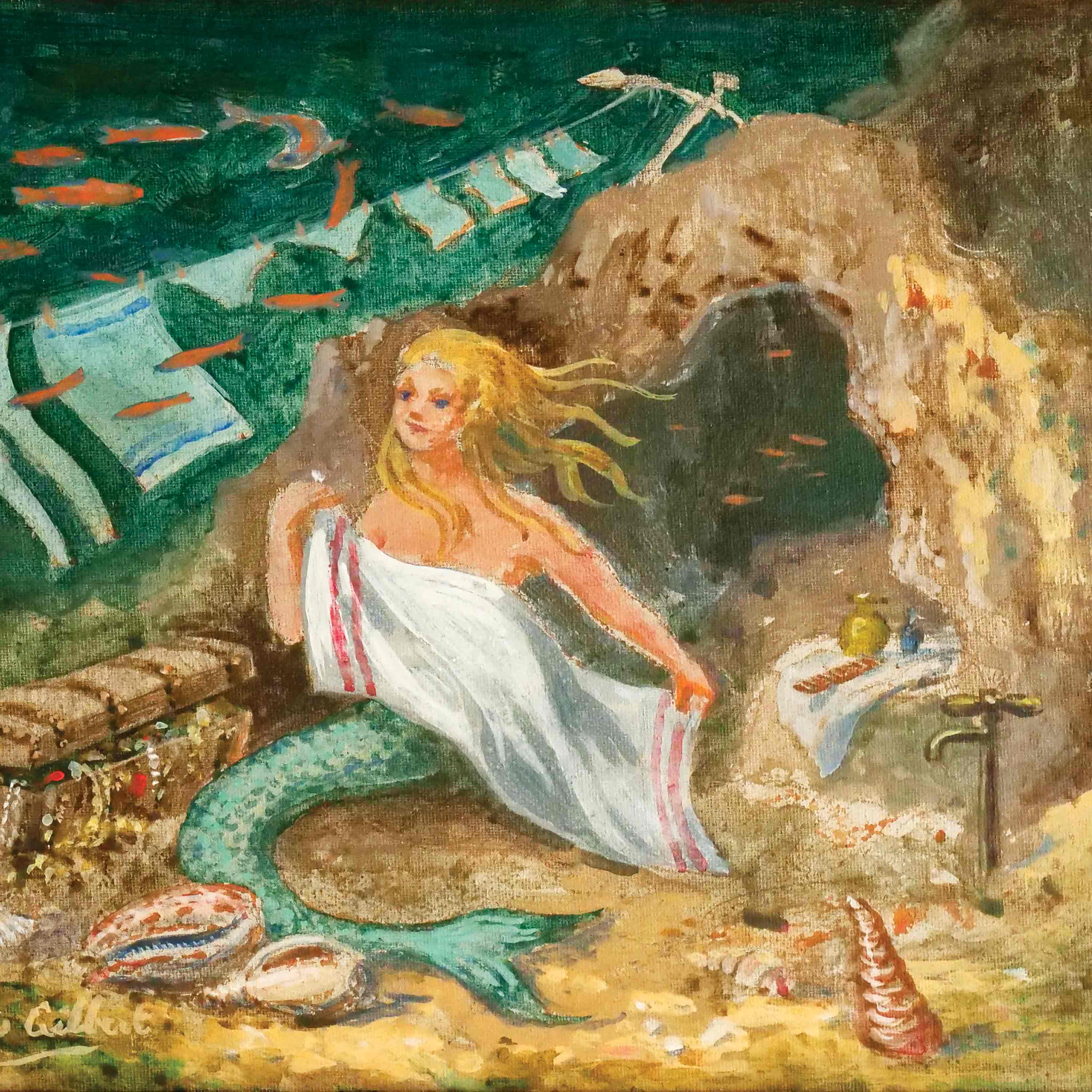 Art Greeting Card by Dennis Gilbert, A Drying Problem, Oilpainting, Mermaid drying herself with towel under the sea