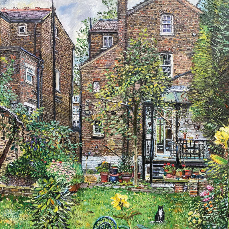 London house with black and white cat in the back garden.