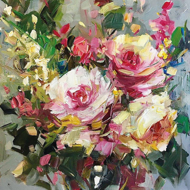 Art greeting card, colourful painting of pink roses.