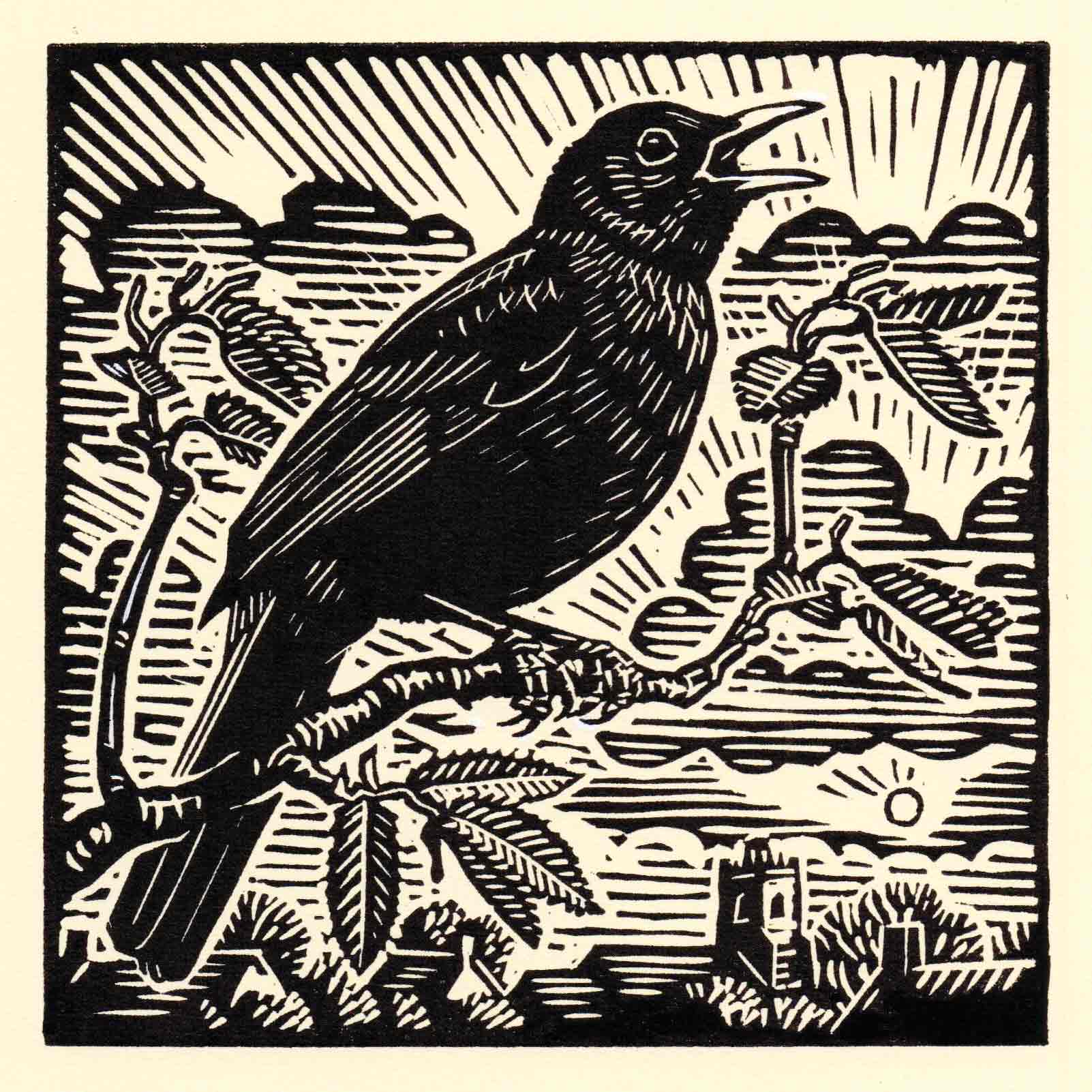 Art Greeting Card by Richard Allen, Blackbird, Linocut, Blackbird singing