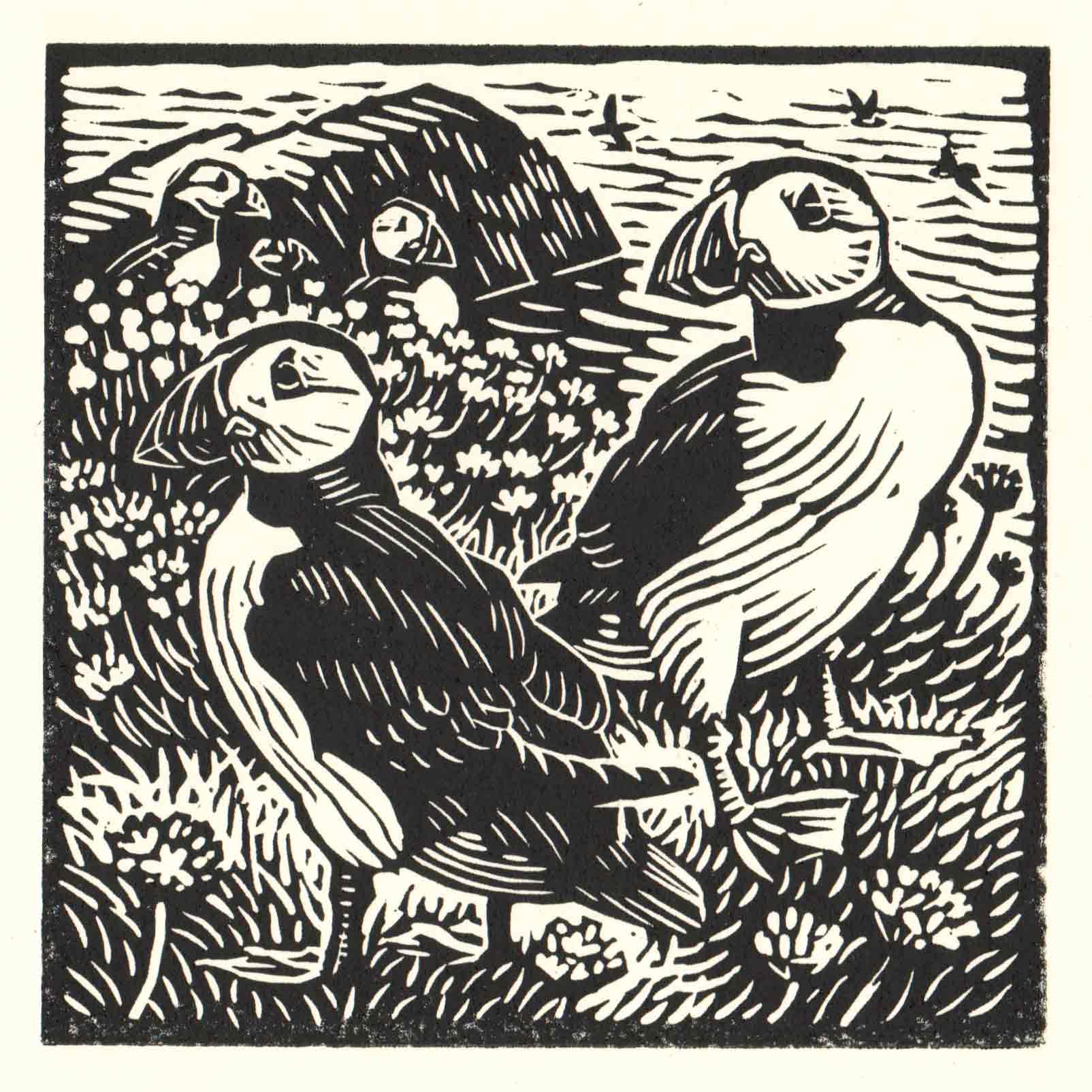 Art Greeting Card by Richard Allen, Puffin, Linocut, Two puffins on a cliff