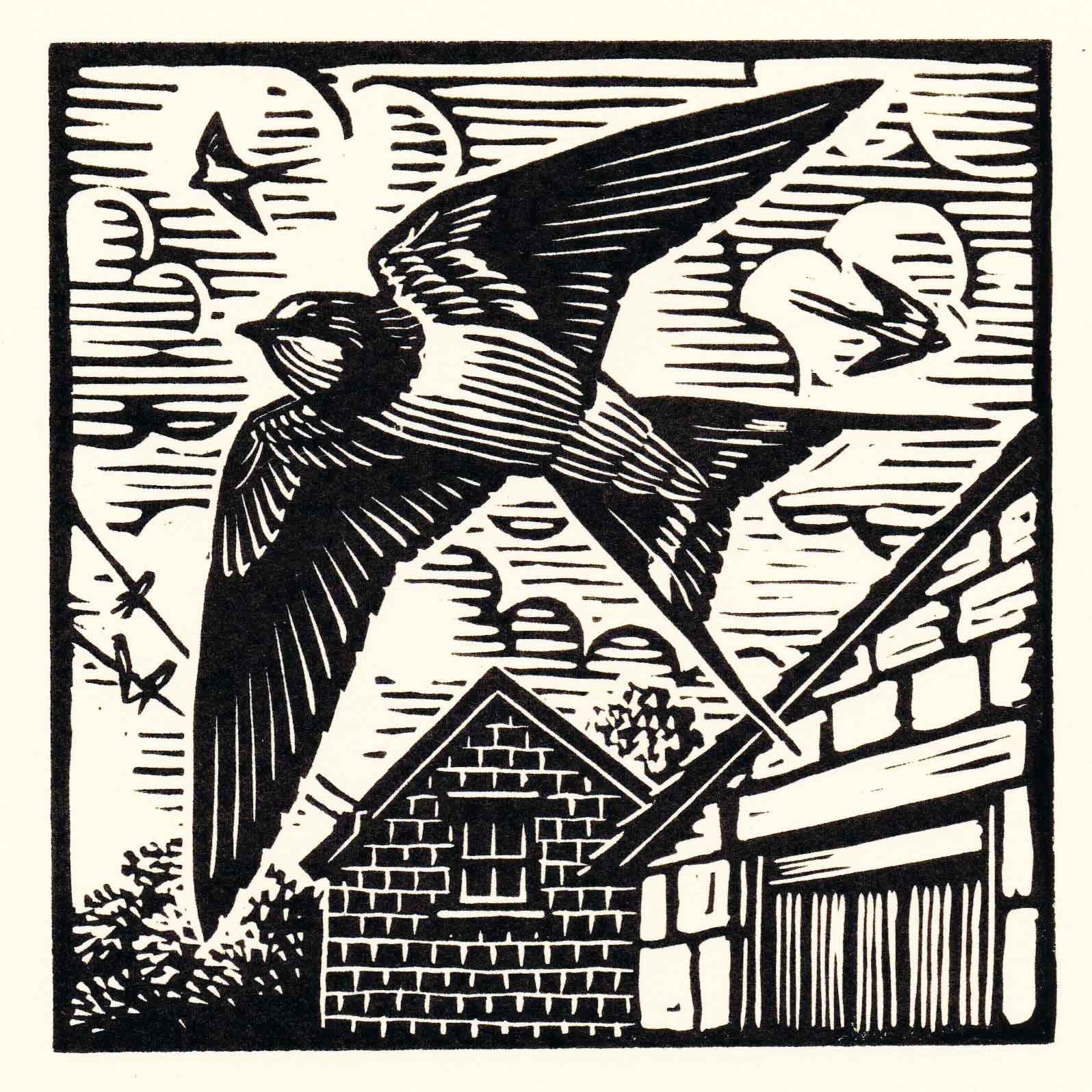 Art Greeting Card by Richard Allen, Linocut, Swallows in the sky