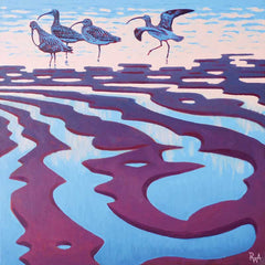 Art Greeting Card by Richard Allen, Oil painting with birds wading in the tideline