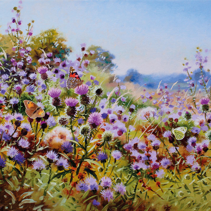 Art greeting card, close up of butterflies and thistles in a meadow.
