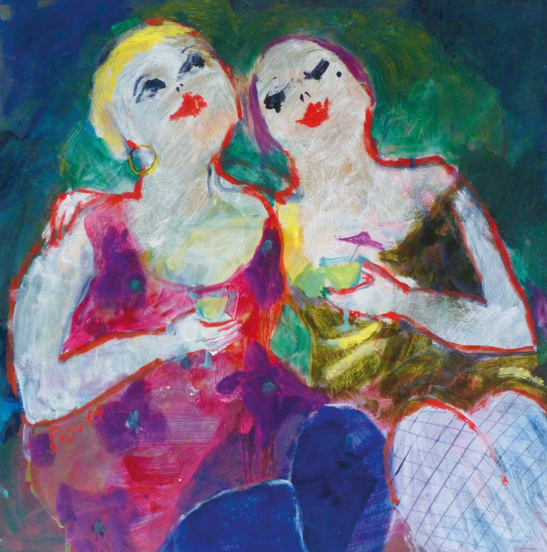 Fine Art Greeting Card, Oil on Board, Two women holding cocktail glasses