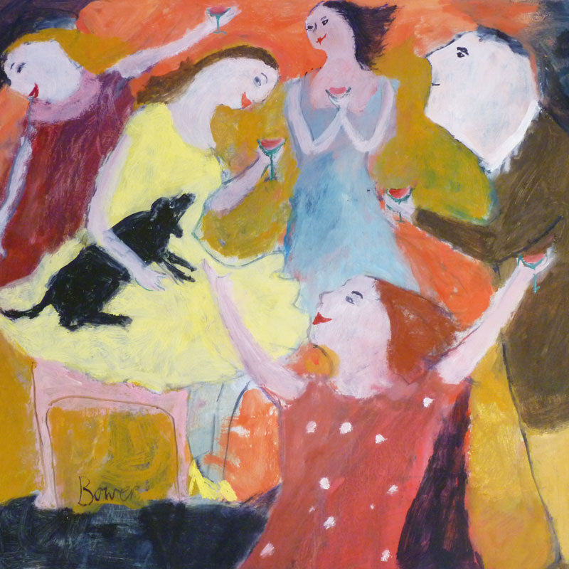 Group of happy people dancing and holding cocktails, one of them has a black dog on her lap.