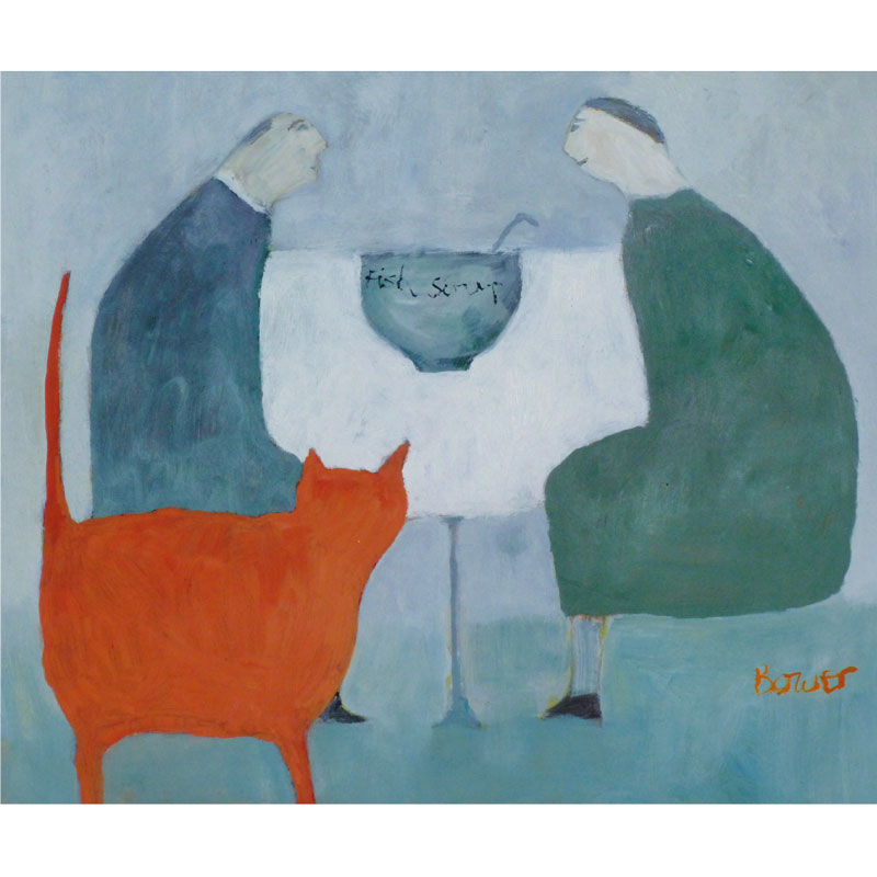 Couple sitting at a table with a bowl of fish soup in the middle. Big orange cat in the foreground looking at them.
