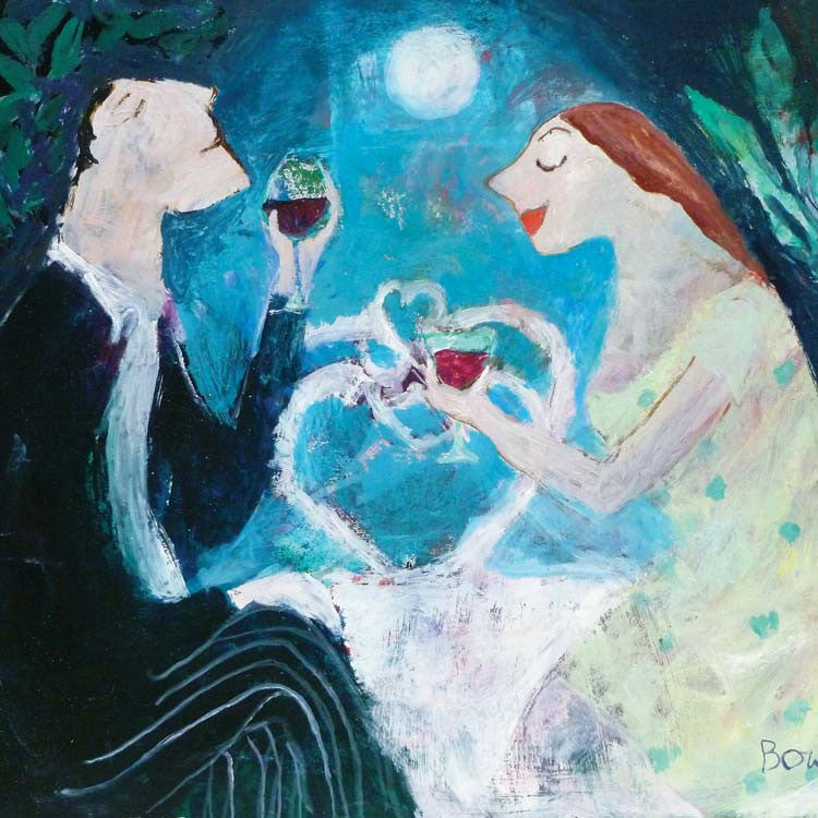 Fine Art Greeting Card, Oil on Board, Man and woman drinking wine in the moonlight