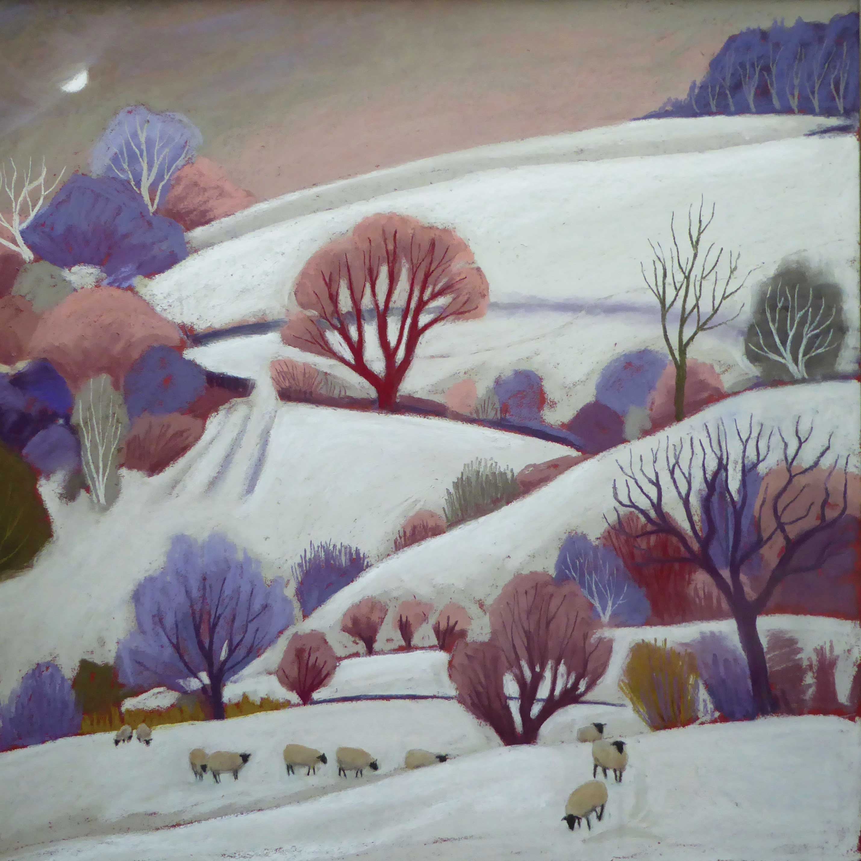 Deep Midwinter by Sue Campion, Fine Art Greeting Card, Pastel, Winter landscape with sheep