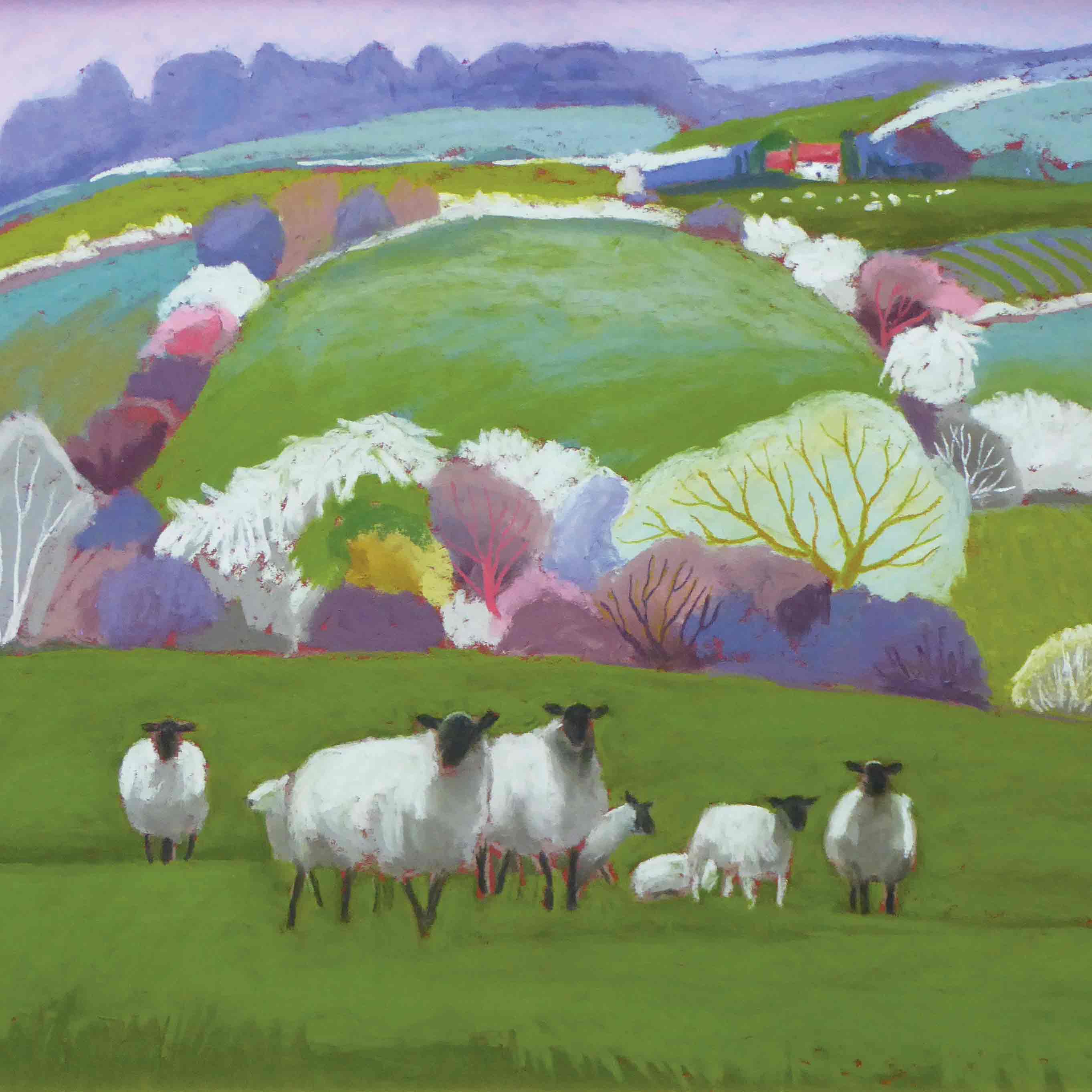 Art Greeting Card by Sue Campion, A Group of Shropshires, Pastel, Summer landscape with sheep