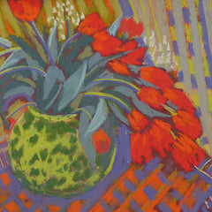 Art Greeting Card by Sue Campion, February Tulips, Pastel, red tulips in vase
