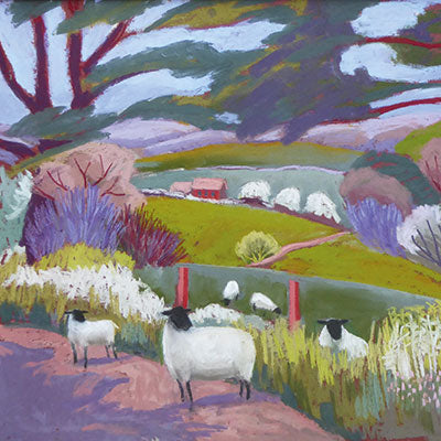 Art Greeting Card by Sue Campion, Shadows on the Lane, Pastel, sheep landscape