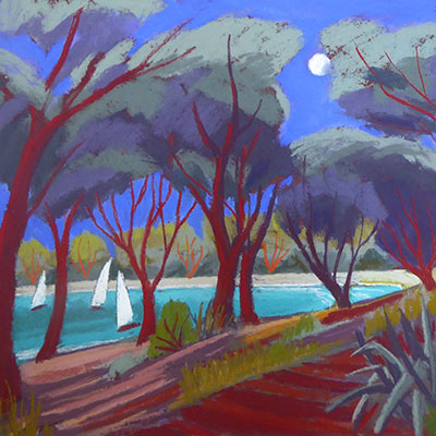 Art Greeting Card by Sue Campion, Yachts at Dusk, Pastel, Yachts and trees in the moonlight