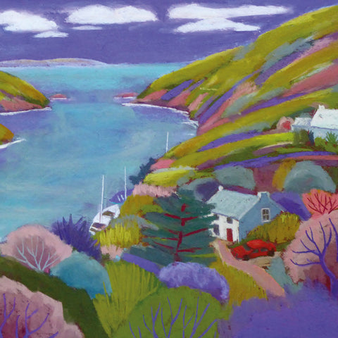 Art greeting card by Sue Campion. A summer bay in Wales with a little house and a red car.