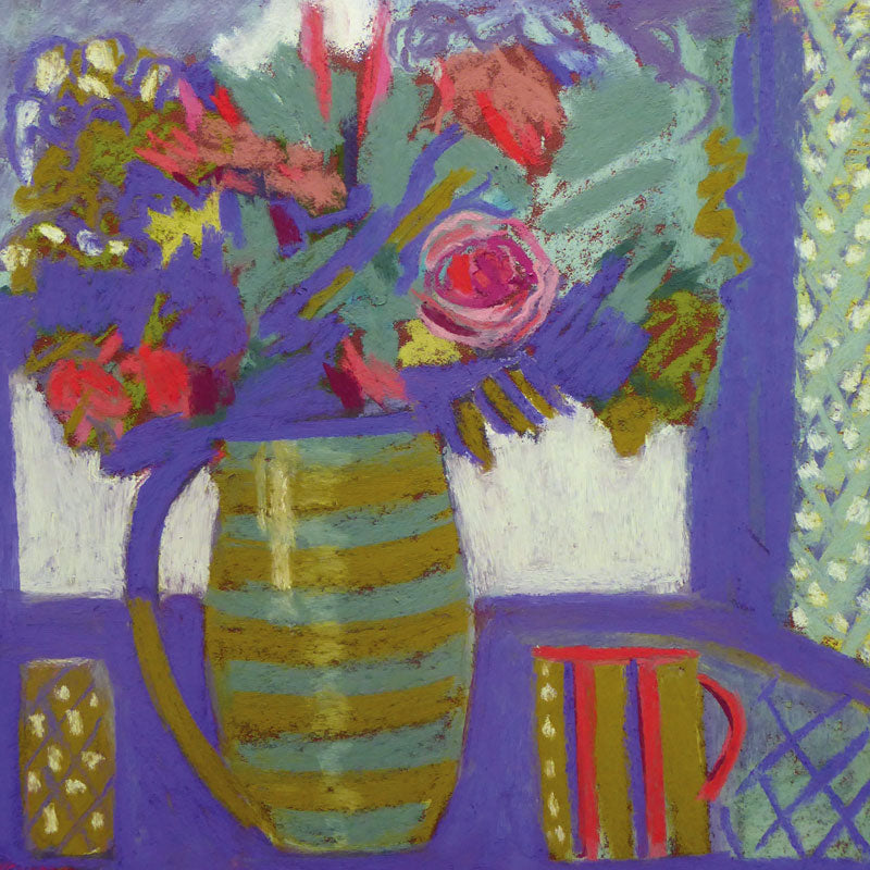 Art greeting card by Sue Campion. Flowers in a stripy vase on a purple table.