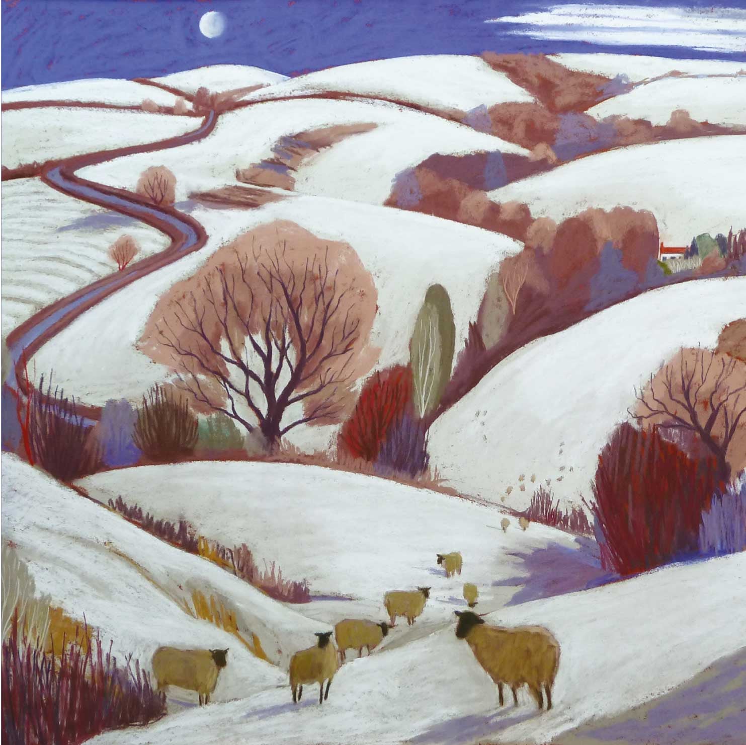 Fine Art Greeting Cards, Pastel, Winter Landscape with Sheep